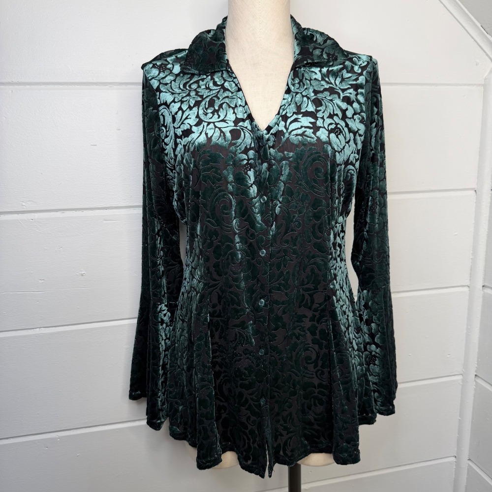 Ultra Pink Size Large Green Whimsigoth Burn‎ Out Bell Sleeve Blouse V Neck